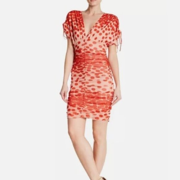 Vertigo Polka Dot Mesh Smocked Dress V-Neck Sleeveless Red Stretch Size Medium - Picture 12 of 12